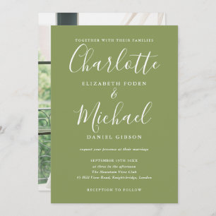 Moss Green Elegant Modern Script Photo Wedding Invitation