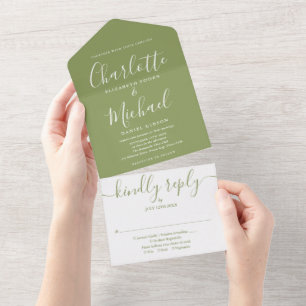 Moss Green Elegant Modern Signature Script Wedding All In One Invitation