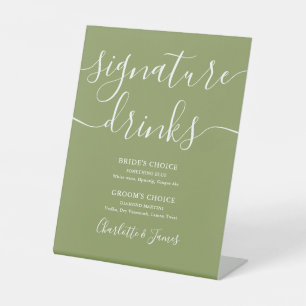 Moss Green Elegant Modern Wedding Signature Drinks Pedestal Sign