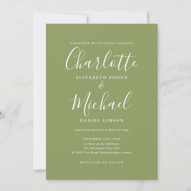 Moss Green Elegant Signature Script Wedding Invitation (Front)