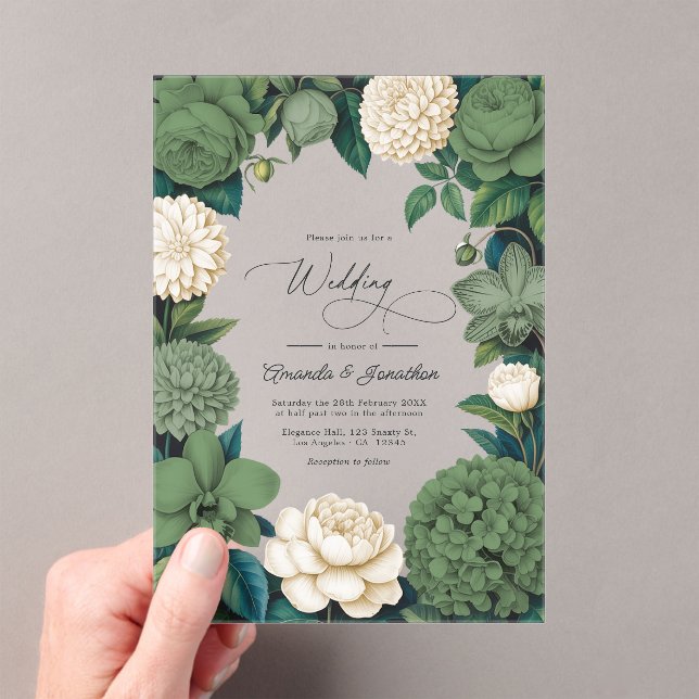 Moss Green, Fern Soft & Antique Cream Wedding Acrylic Invitations (Insitu (Handheld))