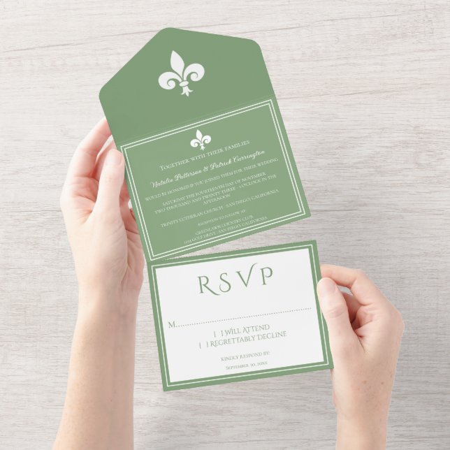 Moss Green Fleur de Lis All in One Wedding Invite (Tearaway)