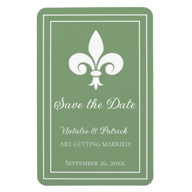 Moss Green Fleur de Lis Save the Date Magnet (Vertical)