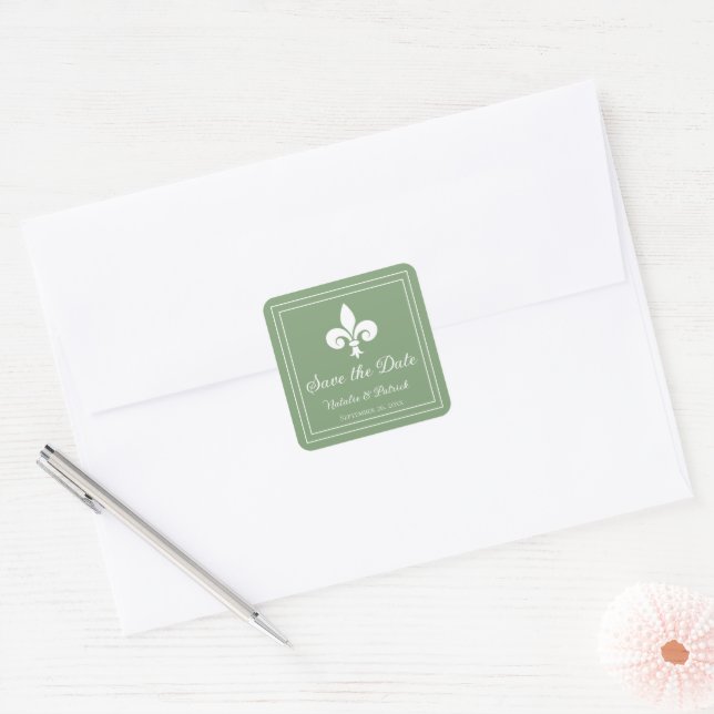 Moss Green Fleur de Lis Save the Date Stickers (Envelope)