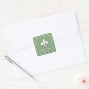 Moss Green Fleur de Lis Thank You Stickers