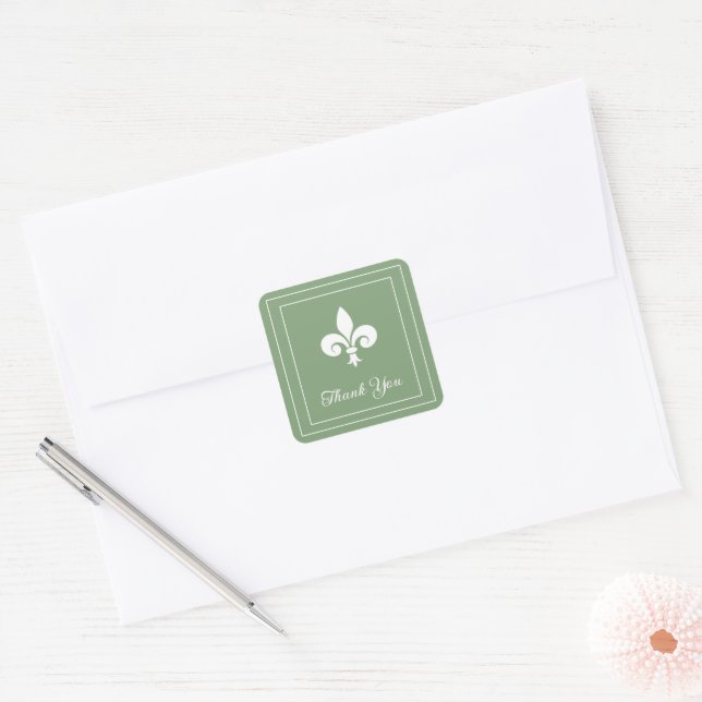 Moss Green Fleur de Lis Thank You Stickers (Envelope)