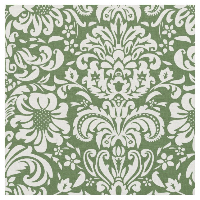Moss Green Floral Damask Fabric (Close Up)