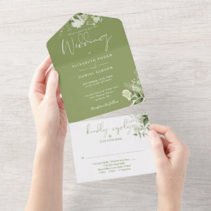 Moss Green Floral Greenery Monogram Wedding All In One Invitation