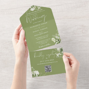 Moss Green Floral Greenery QR Code Wedding All In One Invitation