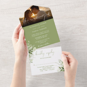 Moss Green Floral Greenery Wedding Photo All In One Invitation