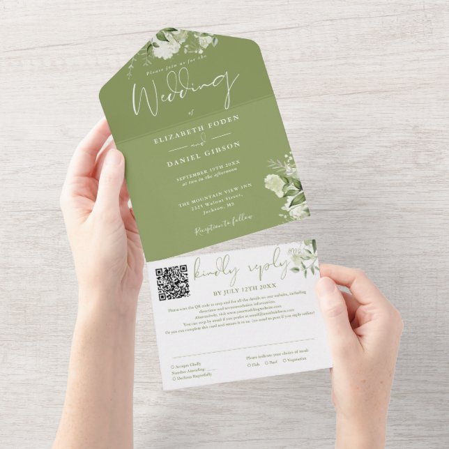 Moss Green Floral Monogram QR Code Wedding All In One Invitation (Tearaway)
