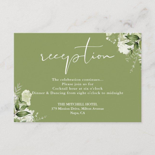 Moss Green Floral Script Wedding Reception Enclosure Card (Front)