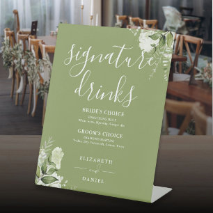 Moss Green Floral Wedding Signature Drinks Pedestal Sign