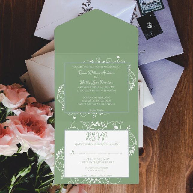 Moss Green Flourish Wedding All In One Invitation (Moss Green Flourish All in One Wedding Invite)