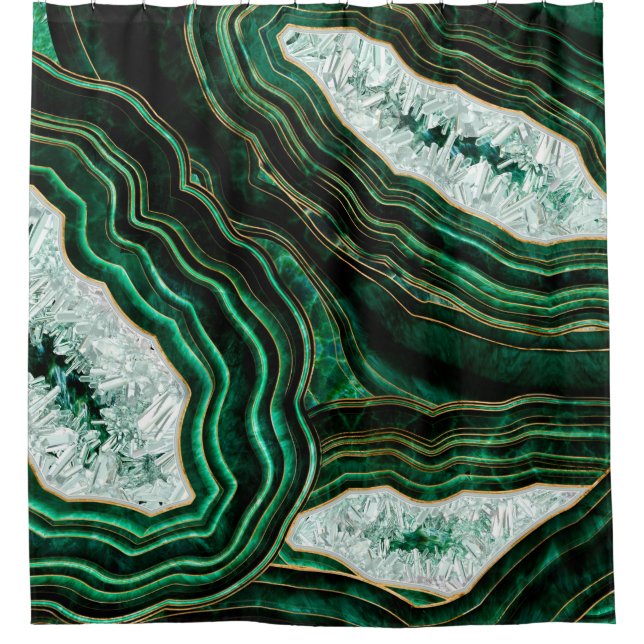 Moss Green Geode and Crystals Digital Art Shower Curtain (Front)