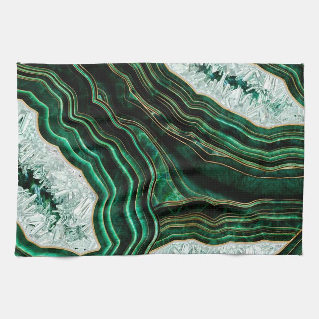 Moss Green Geode and Crystals Digital Art Tea Towel (Horizontal)
