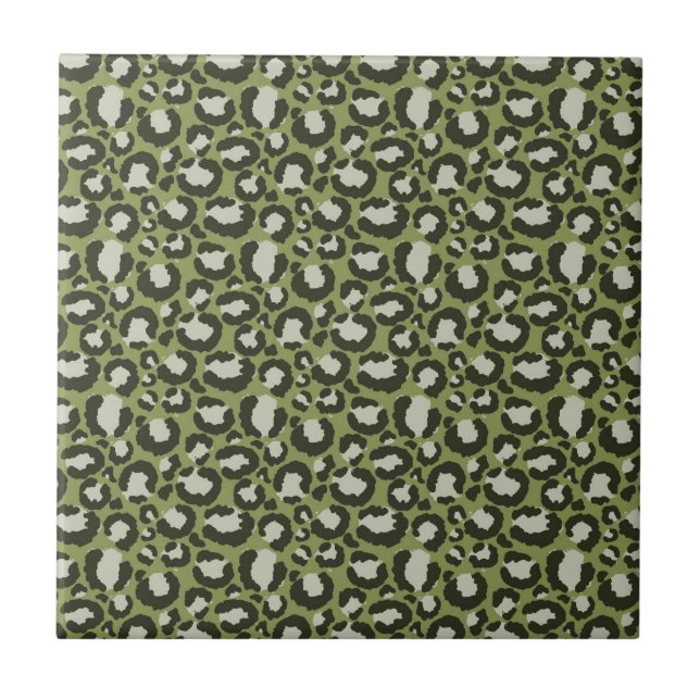Moss Green Glamourous Leopard Spots Animal Print Ceramic Tile (Front)