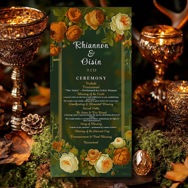 Moss Green & Gold Woodland Druid Hills Wedding  Program (Elegant Autumn Druid Hill Floral Wedding Program )