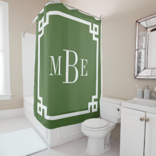 Moss Green Greek Key Border Monogram Shower Curtain