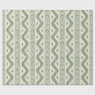 Moss Green Ikat, Woven Stripe on Cream Wrapping Paper