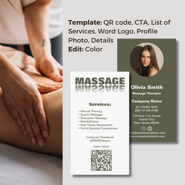 Moss Green Massage Therapist Business Card (Moss Green Massage Therapist Business Card, Word Logo, Service List, CTA, QR code< Profile Photo)