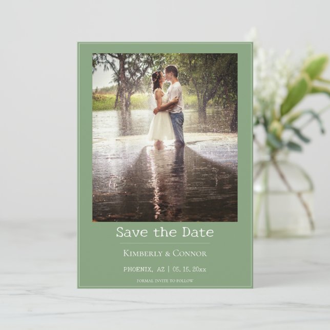 Moss Green Minimalist Modern Photo  Save The Date (Standing Front)