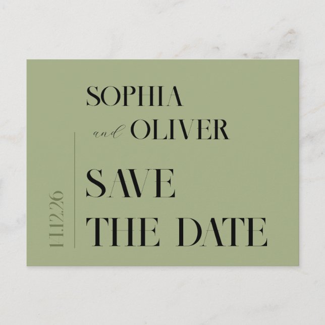 Moss green minimalist typography save the date postcard (Front)
