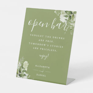 Moss Green Modern Elegant Greenery Floral Open Bar Pedestal Sign