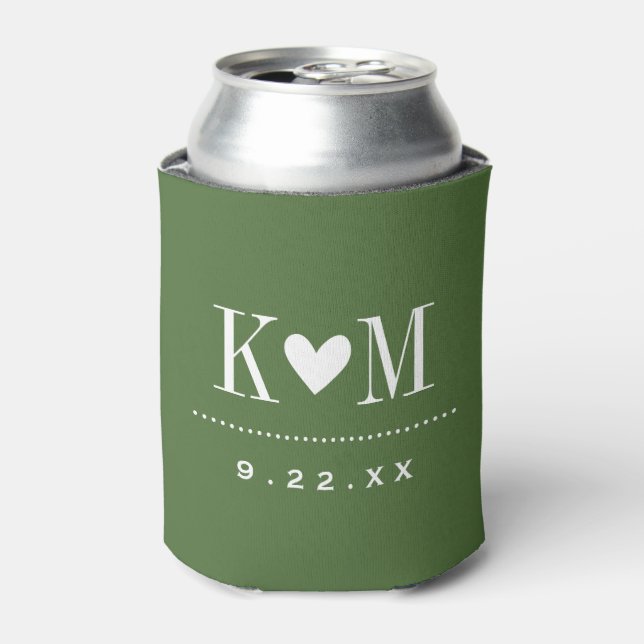 Moss Green Modern Wedding Monogram Can Cooler (Can Front)