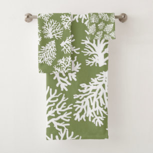 Moss Green Modern White Beach Coral Reefs Bath Towel Set