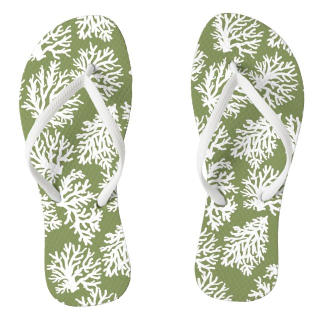Moss Green Modern  White Beach Coral  Reefs    Thongs (Footbed)