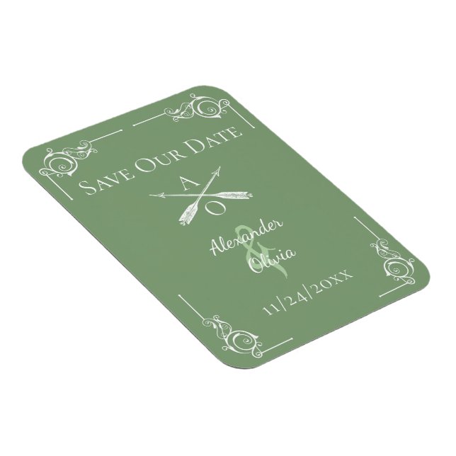 Moss Green Monogram and Arrows Save the Date Magnet (Right Side)