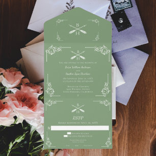 Moss Green Monogram and Arrows Wedding All In One Invitation