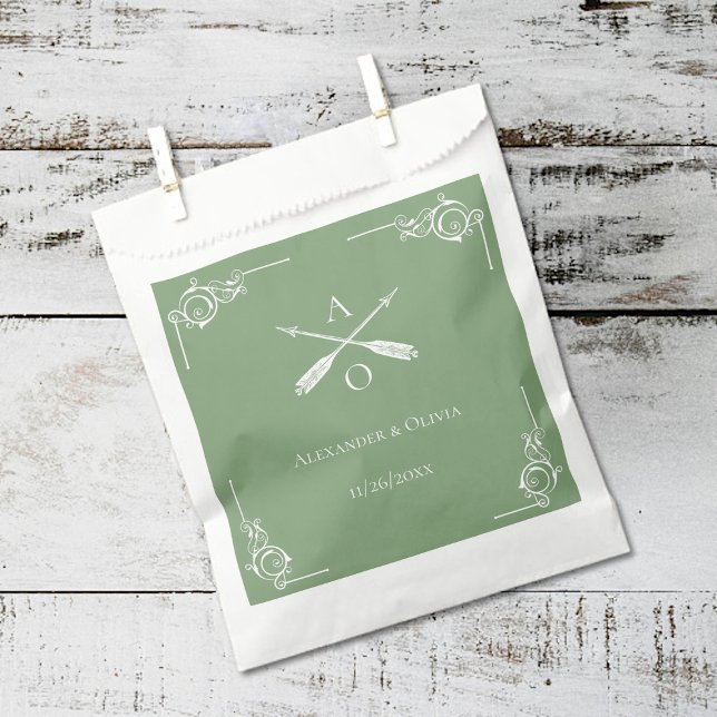 Moss Green Monogram and Arrows Wedding Favour Bag (Moss Green Monogram and Arrows Wedding Favor Bags)