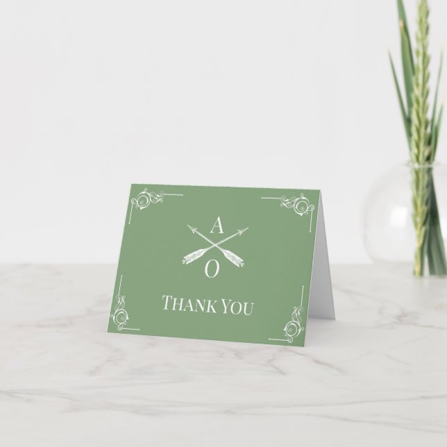 Moss Green Monogram and Arrows Wedding Thank You (Front)