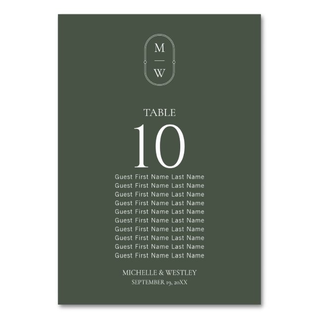 Moss Green Monogram Wedding Seating Chart Table Number (Front)