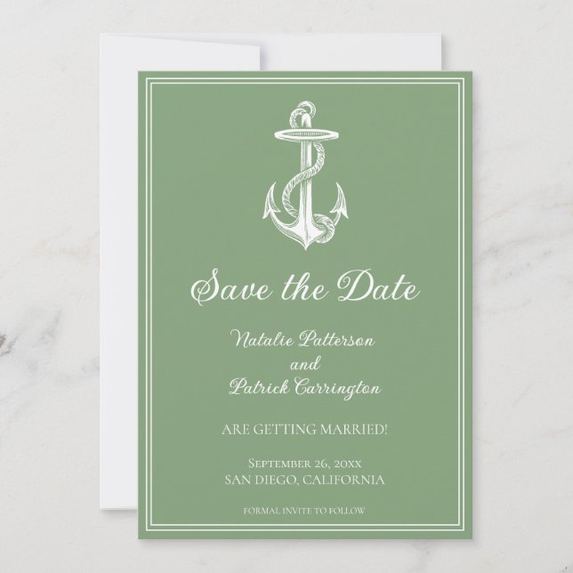 Moss Green Nautical Anchor Save the Date Invite (Front)