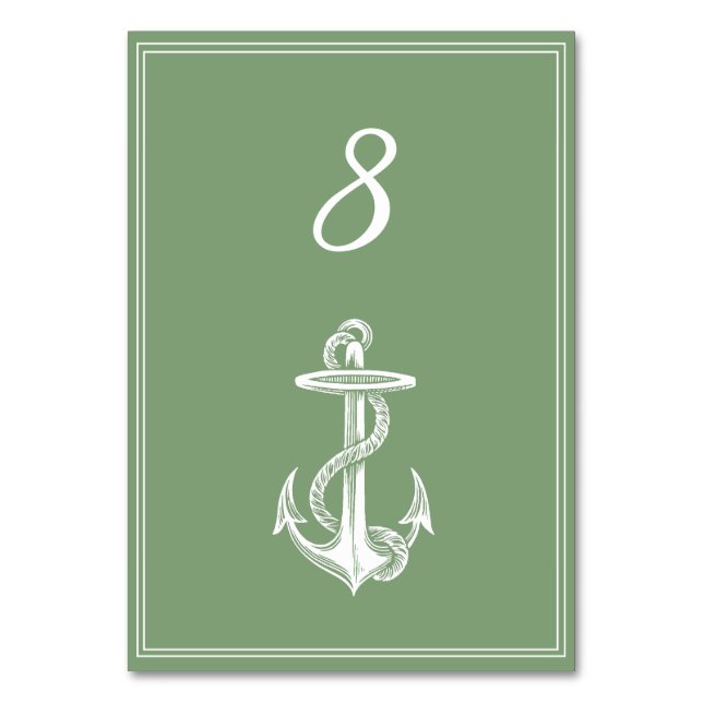 Moss Green Nautical Anchor Table Number Card (Front)