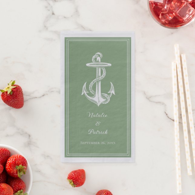 Moss Green Nautical Anchor Wedding Napkin (Insitu)