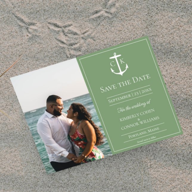 Moss Green Nautical Monogram Photo Save the Date (Moss Green Nautical Monogram Photo Save the Date)