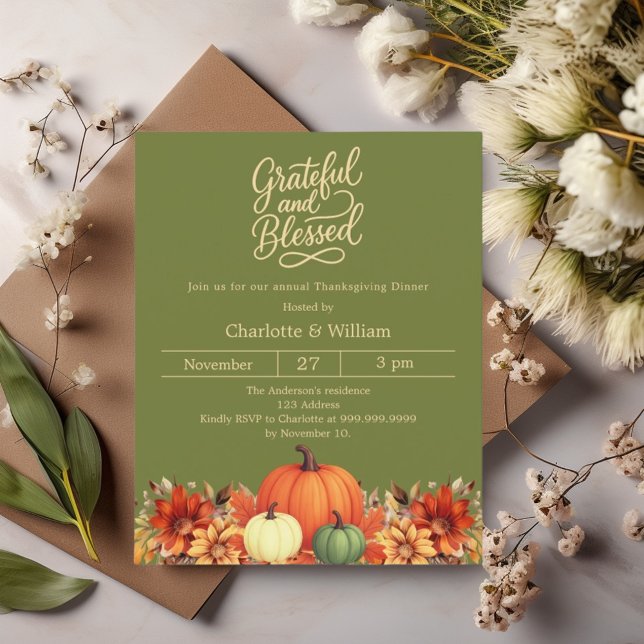Moss green orange Thanksgiving dinner invitation (Creator Uploaded)