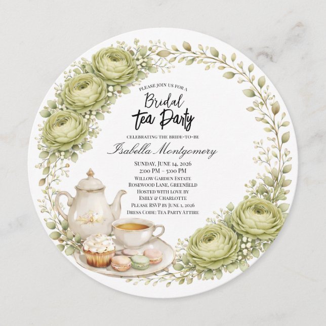 Moss Green Palette Tea Party Bridal Shower Invitation (Front)
