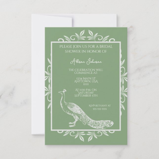 Moss Green Peacock Flourish Bridal Shower Invitation (Front)