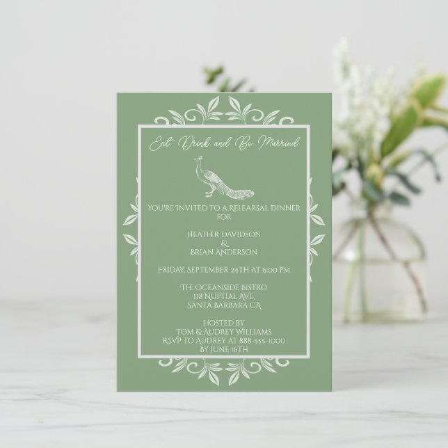 Moss Green Peacock Flourish Rehearsal Dinner Invitation (Standing Front)