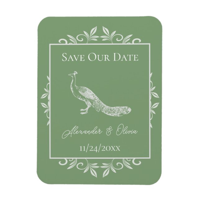 Moss Green Peacock Flourish Save The Date Magnet (Vertical)