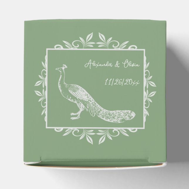 Moss Green Peacock Flourish Wedding Favour Box (Top)