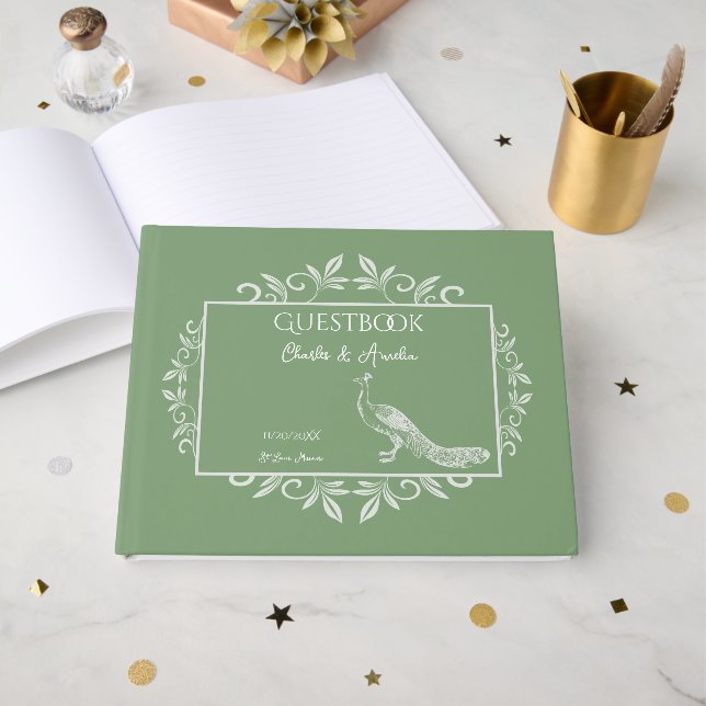 Moss Green Peacock Flourish Wedding Guest Book (Front Open)