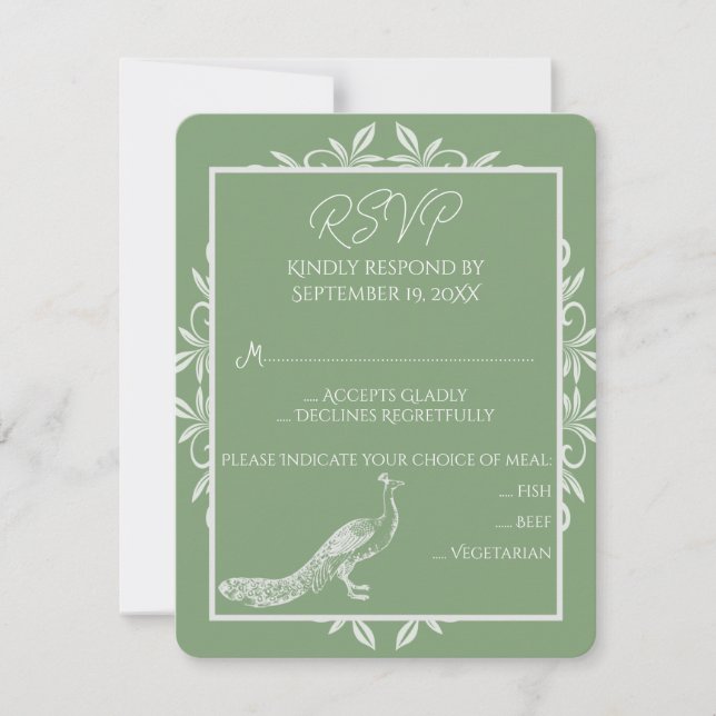 Moss Green Peacock Flourish Wedding RSVP Card (Front)