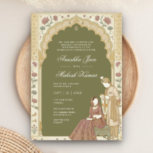 Moss Green Pink Lotus Floral Indian Couple Wedding Invitation