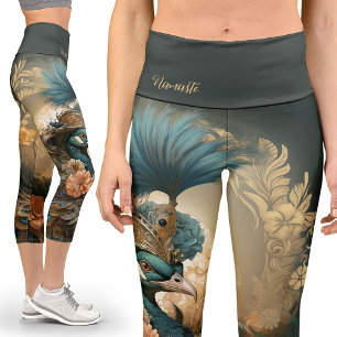 Moss Green Regal Anthropomorphic Peacock Victorian Capri Leggings